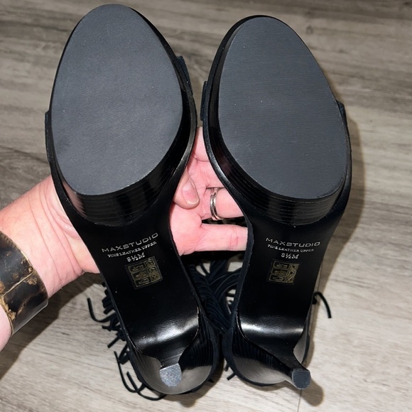 Max Studio Leather Forest Black Fringed Party Sandal Boho Platform Western Heel - Picture 6 of 10